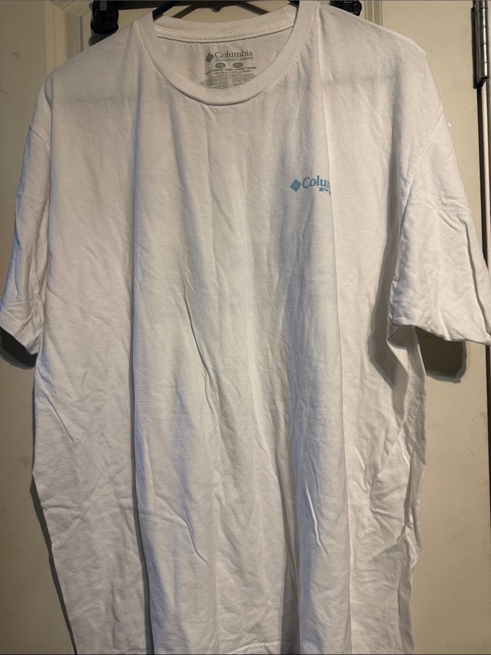 Columbia White Short-Sleeve Tee with Light Blue Logo
